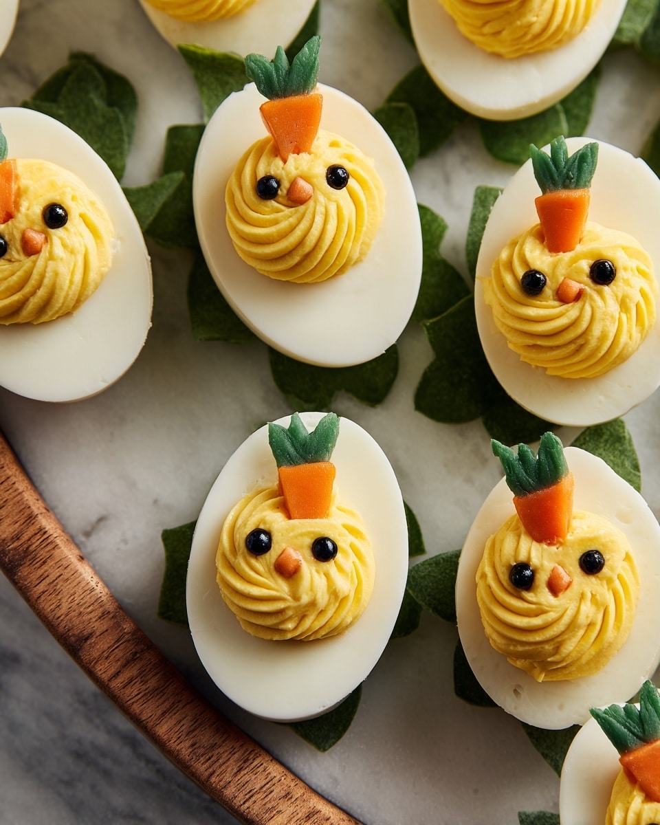 The image shows a close-up of several deviled eggs arranged on green leafy garnish, placed on a white marbled texture. Each deviled egg has three main layers: the smooth white egg white forming the base, a fluffy, bright yellow yolk mixture piped on top, and small decorative pieces. The decoration includes two black olive rings for eyes and tiny orange carrot pieces for beaks and a tuft on top, making each deviled egg look like a small chick. The eggs are closely packed, highlighting the playful design with soft lighting. Photo taken with an iphone --ar 4:5 --v 7