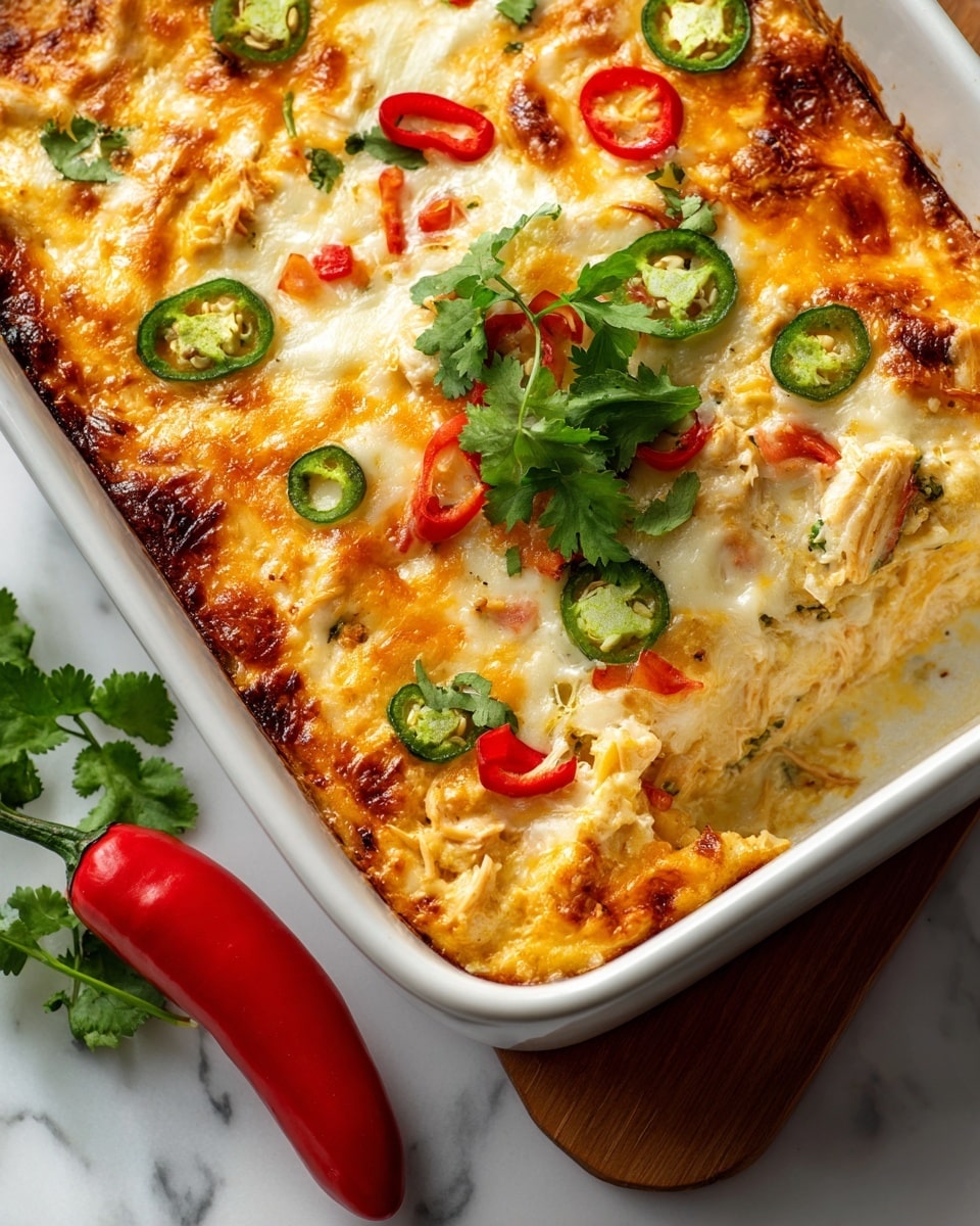 The image shows a baked casserole in a white rectangular dish with browned edges. The casserole has one main layer that is topped with melted yellow and white cheese, scattered pieces of green and red peppers, and fresh green cilantro leaves as garnish. The dish sits on a wooden board, placed on a white marbled surface, with a whole red pepper and some green herbs in the background. The cheesy topping looks bubbly and golden with colorful vegetables adding contrast. Photo taken with an iphone --ar 4:5 --v 7