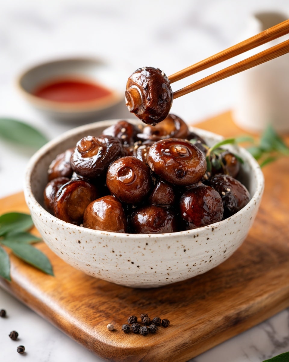 A speckled white bowl is filled with shiny, dark brown and reddish pieces of cooked mushrooms, showing their glossy texture and slightly curved shapes. Above the bowl, a pair of wooden chopsticks holds a small bunch of the mushrooms, highlighting their glistening, saucy coating. The bowl sits on a wooden board, and in the blurred background, there is a small bowl with a red sauce. A few green leaves and black peppercorns are scattered on the wooden surface near the bowl, all set on a white marbled textured background. photo taken with an iphone --ar 4:5 --v 7