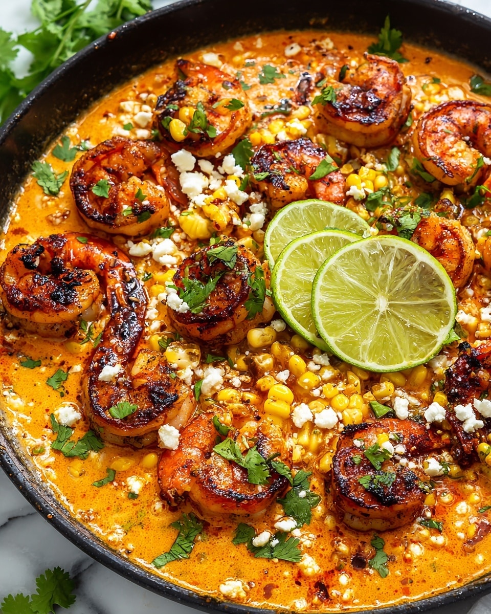 A close-up view of a black pan filled with a creamy orange sauce as the base layer, topped with bright yellow grilled corn cut into small rounds spread throughout. On top, there are many medium-sized shrimp with a golden-brown spice coating, scattered evenly. Small white crumbles of cheese are sprinkled across the dish, along with fresh green cilantro leaves adding a touch of color. Three lime wedges with bright green skin and pale green flesh rest on the edge of the pan. The pan sits on a white marbled surface. photo taken with an iphone --ar 4:5 --v 7