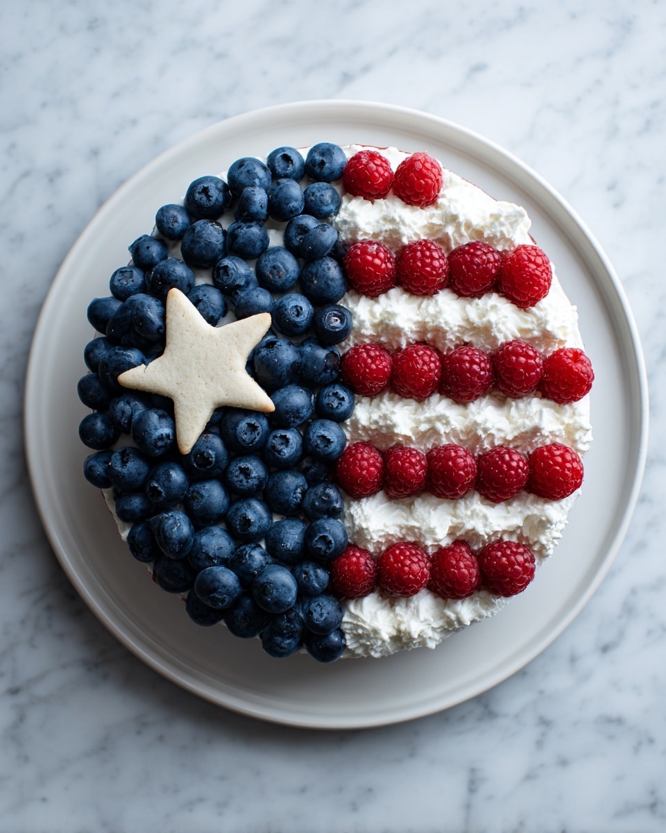 A round dessert designed like an American flag sits on a wooden table, with a crust base covered by a layer of white cream. The top left corner has a square area filled with tightly packed blueberries forming a deep blue field, with a single beige star-shaped cookie in the center. The rest of the circle shows alternating horizontal stripes of whole red raspberries and piped white cream, with five raspberry stripes and four cream stripes. The edge of the dessert is lined with a ring of blueberries. Nearby, a clear glass bowl contains more blueberries and raspberries. photo taken with an iphone --ar 4:5 --v 7