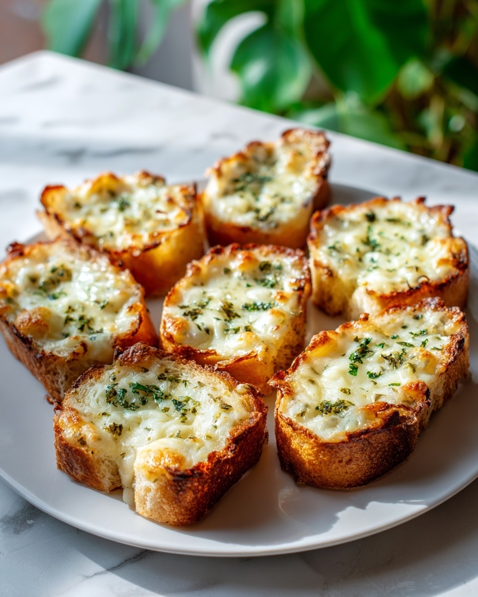 Seven pieces of toasted bread slices are arranged on a round white plate with a slight rim. Each slice has one layer of golden-brown toasted bread with a slightly thick crust, topped with a layer of melted, bubbly cheese that is golden yellow with some browned spots. Small bits of green herbs are sprinkled on top of each cheese layer, adding a fresh touch. The plate sits on a white marbled surface with soft natural light coming from the side, showing shadows and highlights. photo taken with an iphone --ar 4:5 --v 7