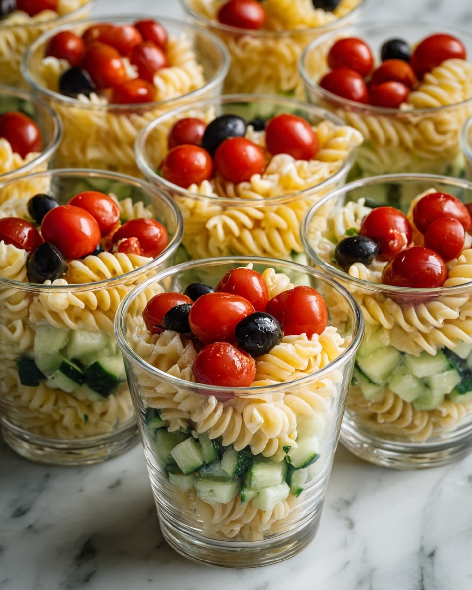 The image shows many clear plastic cups filled with a pasta salad. Each cup has three visible layers: a bottom layer of spiral pasta in a creamy yellow color, a middle layer of diced green cucumber pieces mixed with small black olives, and a top layer of bright red cherry tomato halves. The cups are placed closely together on a round white tray. The background is a white marbled surface. photo taken with an iphone --ar 4:5 --v 7