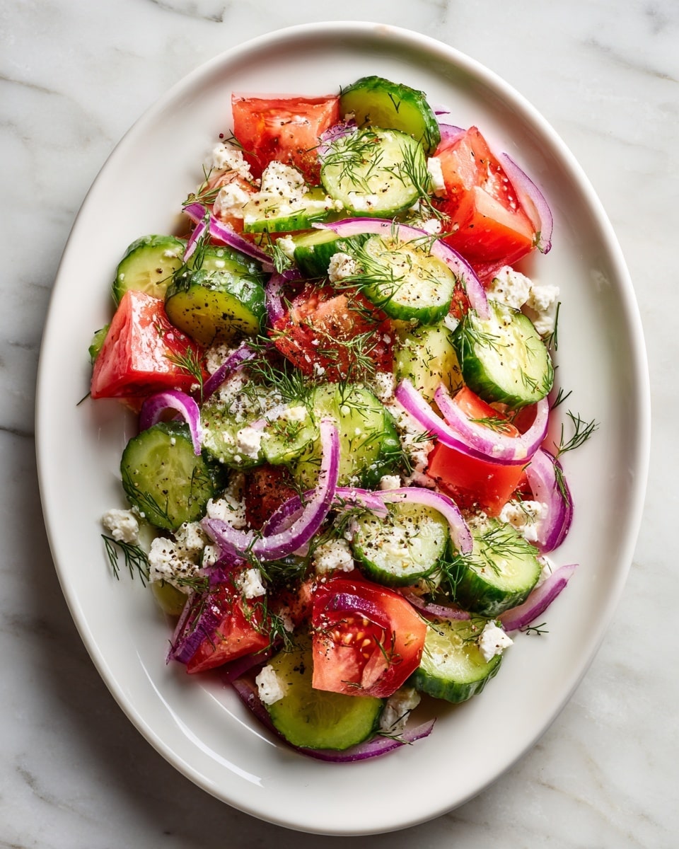 A close-up view of a fresh salad on a white plate, featuring thick slices of bright green cucumber with ridged edges as the base layer, mixed with chunks of vibrant red tomatoes and thin strips of purple-red onion scattered evenly throughout. Small pieces of white cheese add texture, along with fresh green dill sprigs sprinkled on top. The salad looks lightly seasoned with visible black pepper specks, all set against a white marbled surface with a woven natural mat peeking from beneath the plate. photo taken with an iphone --ar 4:5 --v 7