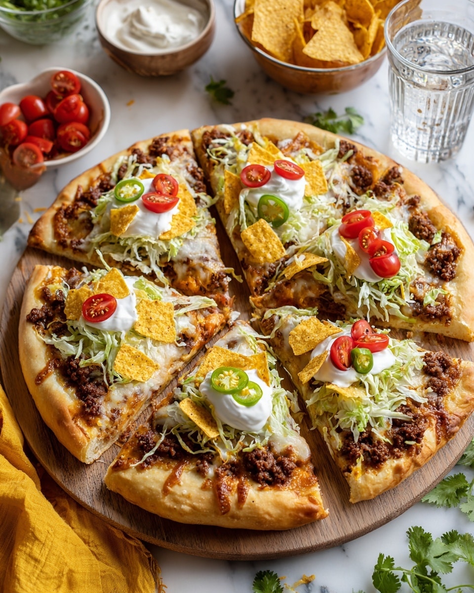 A round pizza cut into six slices sits on a wooden board over a white marbled surface, with each slice topped with layers of browned ground beef on melted cheese. On top, there is a layer of shredded green lettuce, small bright red cherry tomato halves scattered evenly, and crunchy yellow tortilla chip pieces. Each slice also has a dollop of white sour cream and slices of green jalapeño peppers placed for garnish. The crust is golden brown and thick, slightly puffy on the edges. Nearby, bowls of tortilla chips and sour cream, some fresh green cilantro, a glass of water, and a yellow cloth add to the scene. Photo taken with an iphone --ar 4:5 --v 7