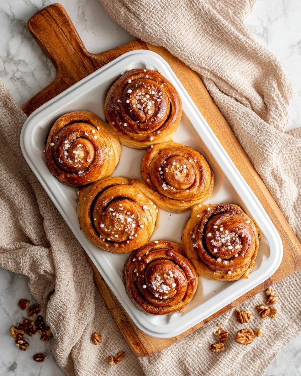 The image shows five cinnamon rolls in a white muffin tray placed on a wooden cutting board. Each cinnamon roll has multiple layers of golden brown dough with dark brown cinnamon filling spiraled inside. The tops are sprinkled with coarse sugar, adding a sparkling texture. The rolls have a flaky and slightly crispy look on the outer layers, with a soft, dense center. The background is a white marbled surface with a beige textured cloth partially visible on the left side. A few small crumbs are scattered near the tray. photo taken with an iphone --ar 4:5 --v 7