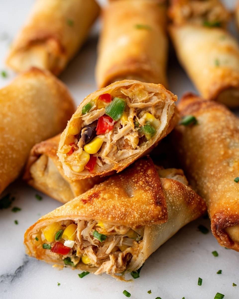 A close-up view of several golden-brown spring rolls with a crispy, lightly bubbled texture on the outside, some whole and others cut in half to show the filling inside. The filling has shredded white chicken mixed with colorful pieces of red bell pepper, yellow corn, green herbs, and small bits of black olives, arranged inside thin, slightly translucent fried wrappers. The rolls are sprinkled with small green herb pieces on top, all placed on a white marbled surface. photo taken with an iphone --ar 4:5 --v 7
