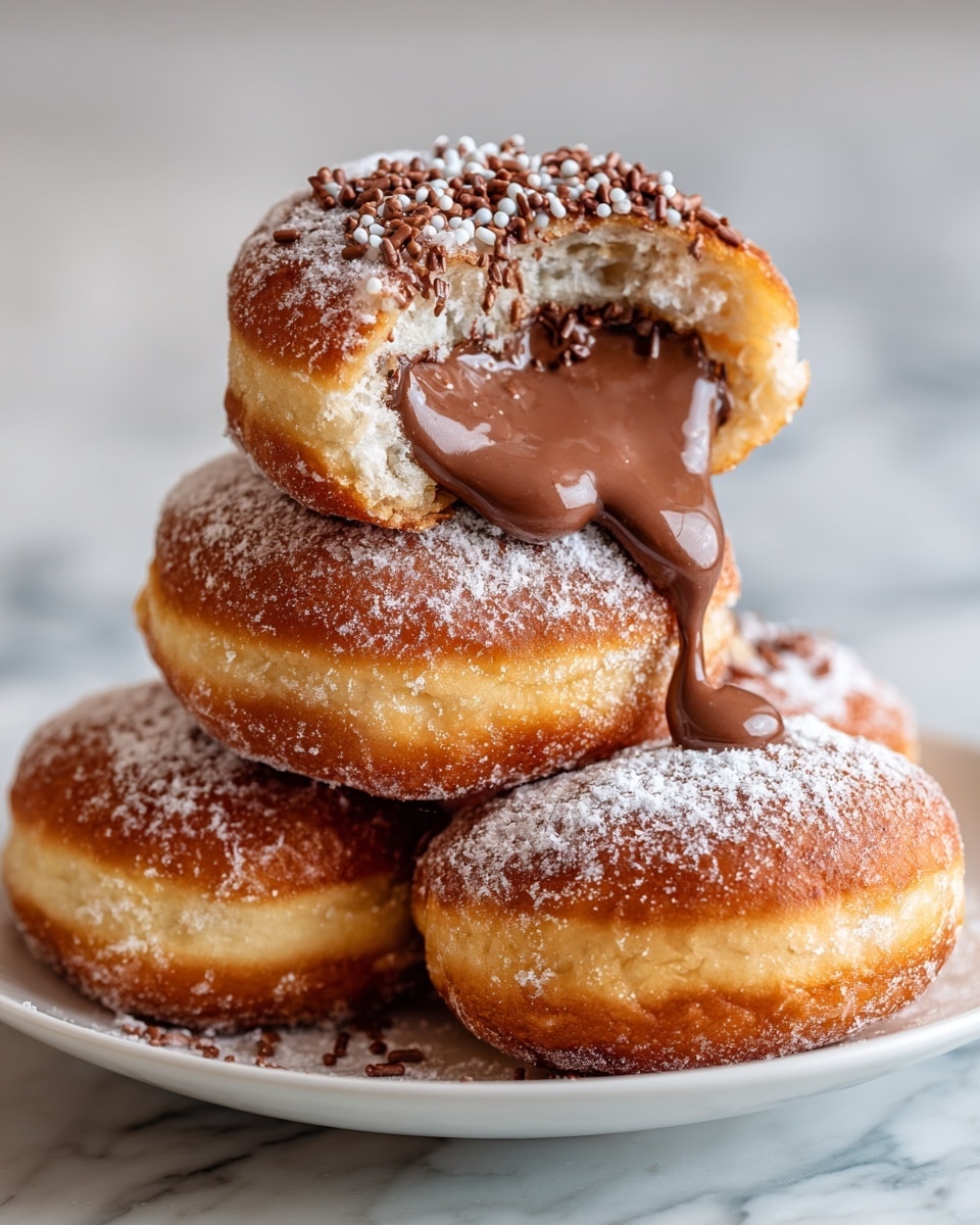 A white plate holds a stack of four round doughnuts covered with a light layer of powdered sugar, each one showing a golden-brown, soft, and fluffy dough texture. The doughnuts have a visible middle layer where chocolate filling is slightly peeking out. On top of the stack, one doughnut is broken open, showing a thick, smooth, dark chocolate filling dripping out, surrounded by a spongy light beige interior. The top of this doughnut is decorated with small dark chocolate bits and powdered sugar. The plate is set on a white marbled surface. photo taken with an iphone --ar 4:5 --v 7