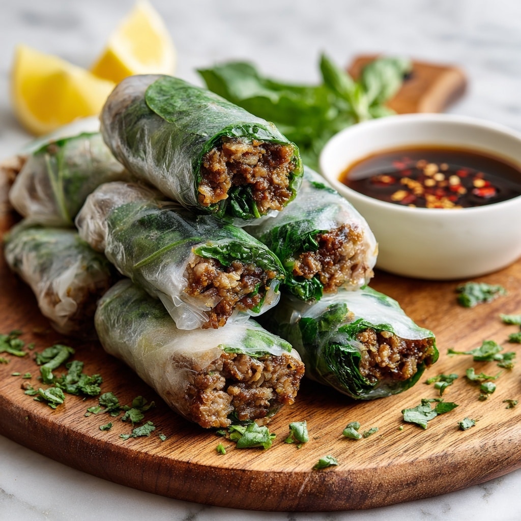 A wooden board holds eight small spring rolls wrapped in translucent rice paper, showing a textured brown filling mixed with fresh green herbs inside, each roll garnished with a bright green leaf on the outside. There is a small white bowl with dark brown dipping sauce speckled with bits of red chili and crushed peanuts placed to the top right side of the rolls. The board and bowl rest on a white marbled surface, and a lemon wedge with a bright yellow color is visible in the top background. The photo taken with an iphone --ar 4:5 --v 7