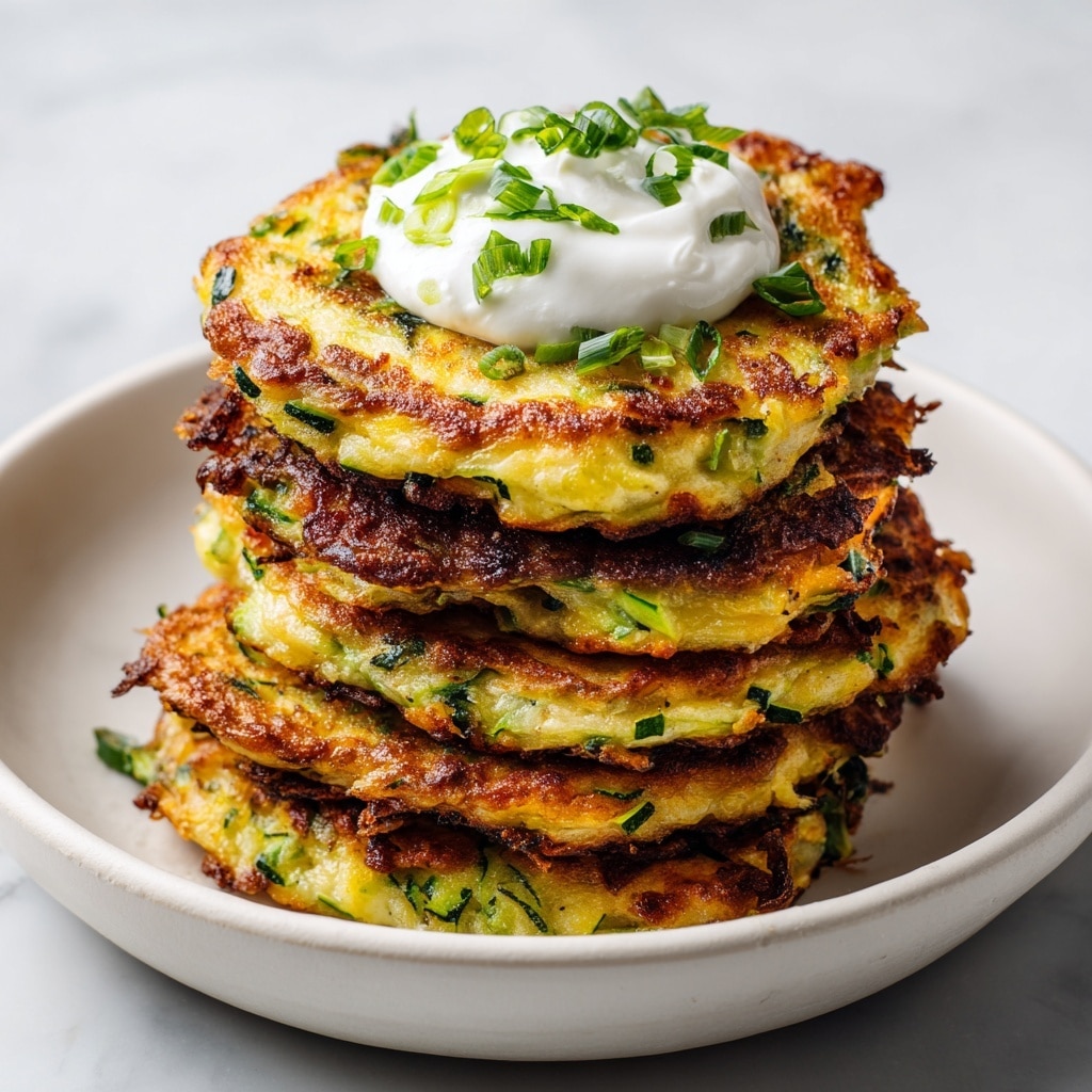 A stack of seven thick, golden-brown zucchini pancakes with a slightly crispy texture is shown in a white bowl. The pancakes have green bits of zucchini visible inside, and the top one is topped with a dollop of white sour cream and sprinkled with sliced green onions. The background is a white marbled surface, adding a clean and bright contrast to the warm colors of the pancakes. photo taken with an iphone --ar 4:5 --v 7