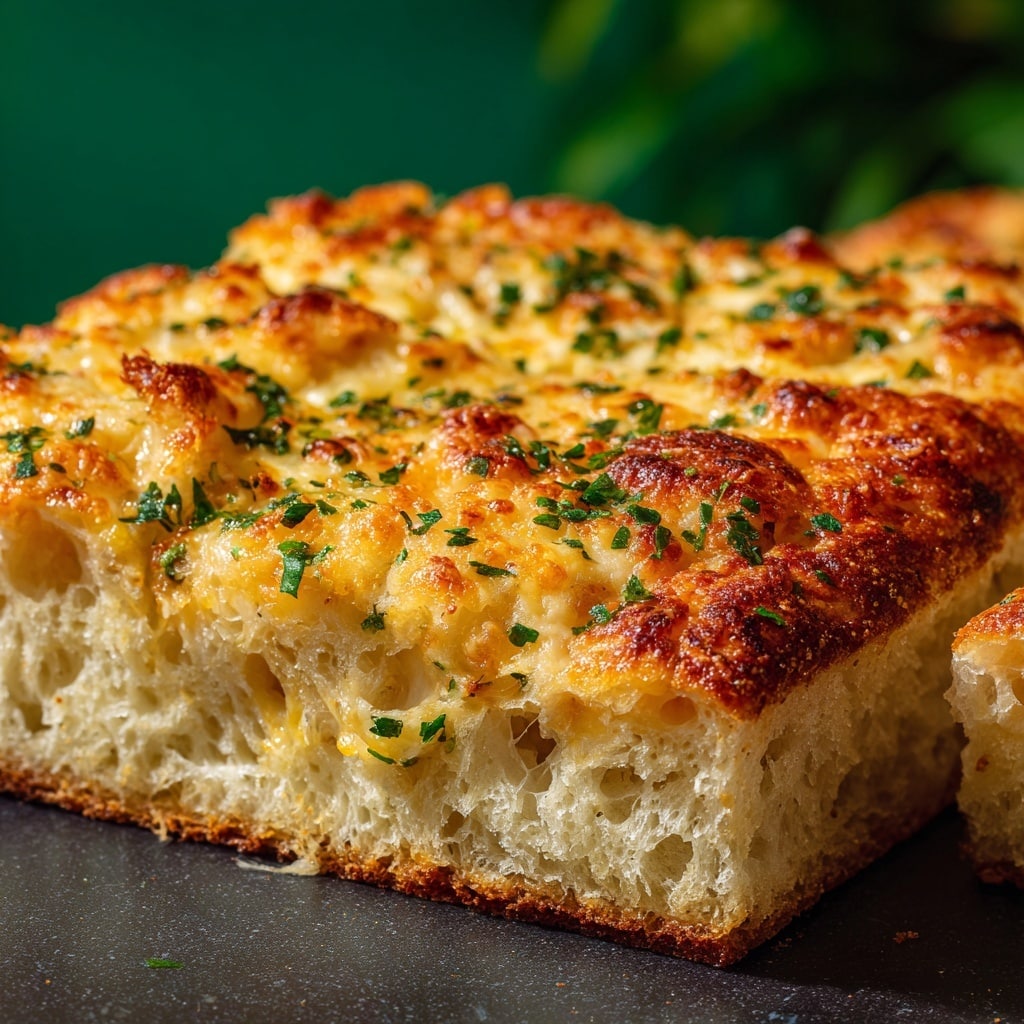 The image shows a close-up of a square-shaped cheesy baked bread. The bread base is golden brown and fluffy with a slightly crispy crust. On top, there is a thick layer of melted cheese that is bubbly and browned in spots, giving it a textured, toasted look. Small green herb pieces are sprinkled over the cheese, adding a touch of color. The bread rests on a dark surface, with a blurred green background. photo taken with an iphone --ar 4:5 --v 7