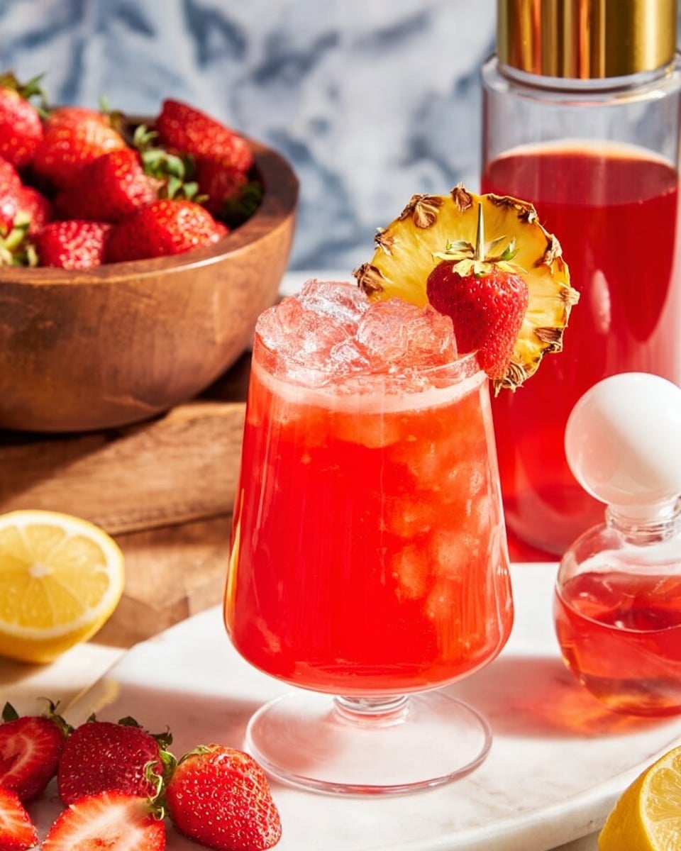 A vibrant red cocktail is served in a tall, clear glass with vertical ridges and a thin stem, filled to the top with crushed ice. On the rim, there is a large, round, dried pineapple slice standing upright, and some fresh strawberry slices are scattered closely around the glass base. The drink sits on a white marbled surface, surrounded by a variety of fresh, whole strawberries, halved strawberries, and lemon wedges. In the background, there is a wooden bowl filled with strawberries, a red drink in a clear glass shaker with a gold lid, and a small clear bottle filled with red liquid topped with a small clear sphere. photo taken with an iphone --ar 4:5 --v 7