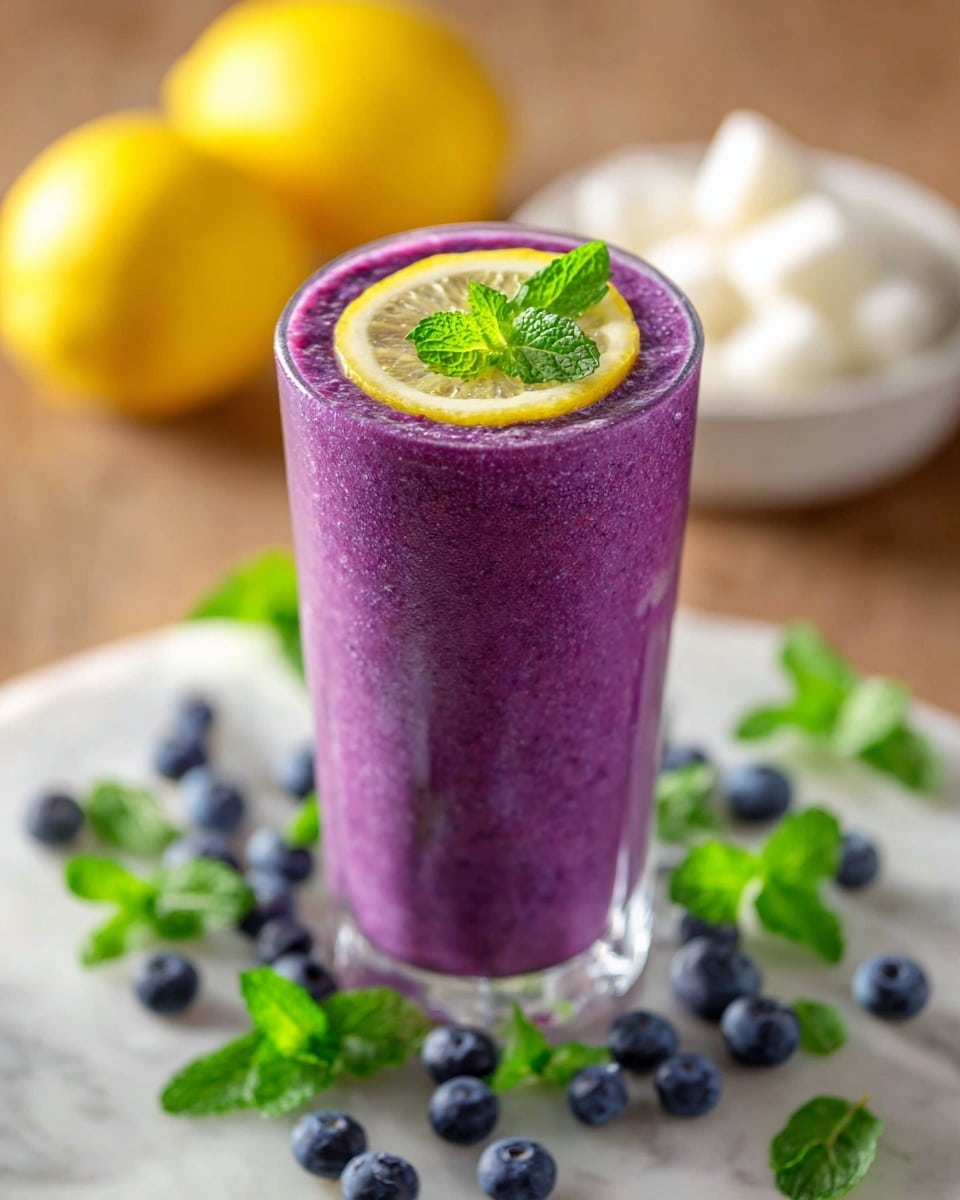 A tall clear glass filled with a thick, bright purple smoothie with a slightly textured surface is shown from a close-up angle. On top of the smoothie, there is a thin yellow lemon slice with a fresh green mint leaf resting on it. The glass sits on a white marbled surface scattered with fresh blueberries and green mint leaves around its base. In the blurry background, there are two whole yellow lemons and a small white bowl filled with white cubes. The scene is bright and colorful, focused on the vibrant purple drink. Photo taken with an iphone --ar 4:5 --v 7
