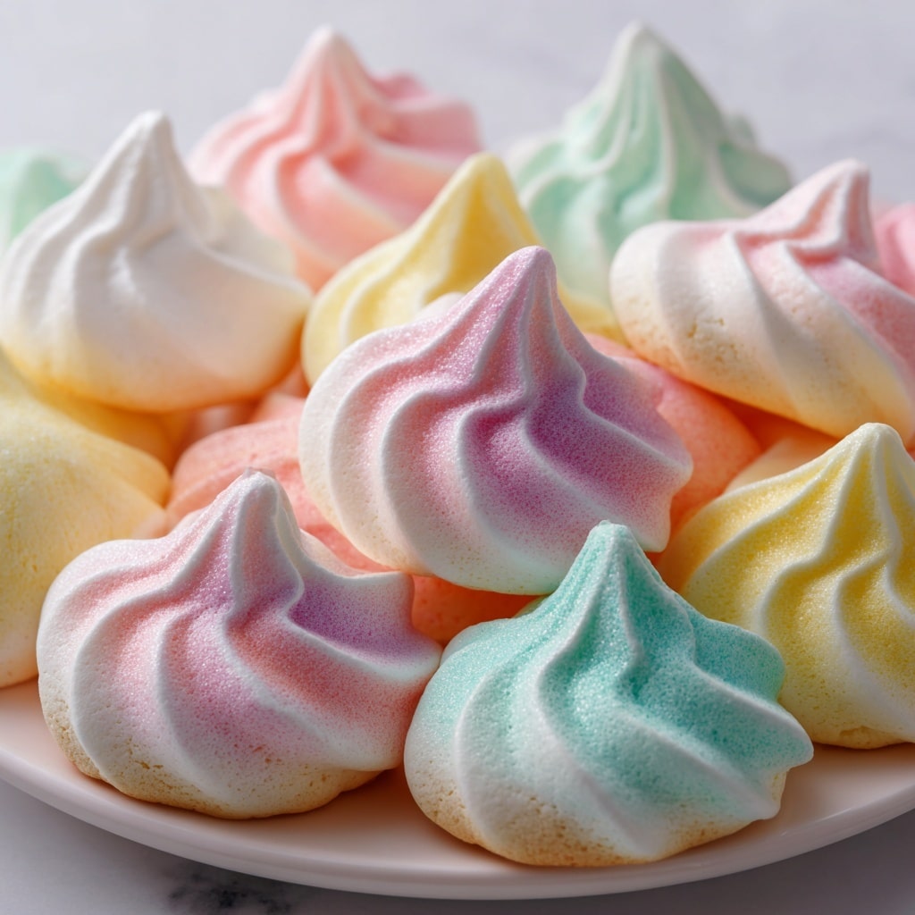 The image shows two close-up views of colorful jello meringue cookies arranged closely together on a white plate set on a white marbled surface. Each cookie has two layers: the bottom layer is a pale, slightly rough cookie base, and the top layer is a smooth, glossy swirl of meringue shaped like a peak. The meringue colors are soft pastel shades including white, pink, yellow, and light green. The lighting captures a slight shine on the meringue, emphasizing its smooth texture and delicate ridges. The overall look is bright, fresh, and inviting with many cookies filling the frame, showing the playful color mix and uniform shaping. photo taken with an iphone --ar 4:5 --v 7