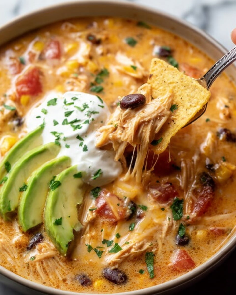 The image shows a close-up of a creamy soup filled with shredded chicken, black beans, corn, and diced tomatoes, topped with melted cheese and garnished with chopped green herbs. On top, there are sliced avocado pieces arranged neatly on one side along with a dollop of white sour cream sprinkled with fresh herbs. A woman's hand is holding a spoon lifting a cheesy tortilla chip from the soup, with visible strings of melted cheese stretching from the chip to the soup. The background features a white marbled surface. photo taken with an iphone --ar 4:5 --v 7
