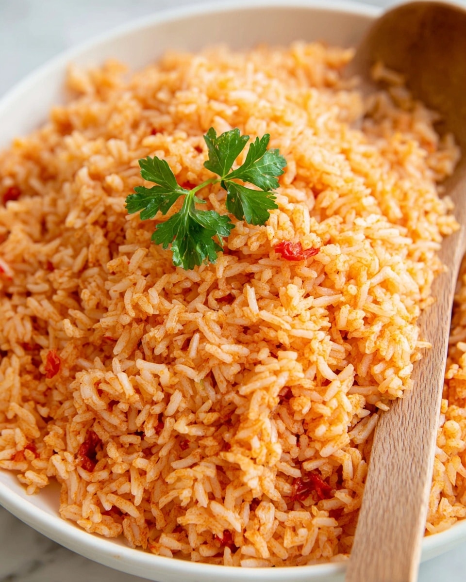 A close-up view of a single layer of orange-colored Mexican rice with a mix of soft and slightly separated grains, showing some red tomato bits scattered throughout. On top, there is a small bright green sprig of fresh parsley placed in the middle. To the right edge, a wooden spoon with a smooth texture is partially visible resting on the rice. The rice is served in a white bowl set on a white marbled surface. photo taken with an iphone --ar 4:5 --v 7