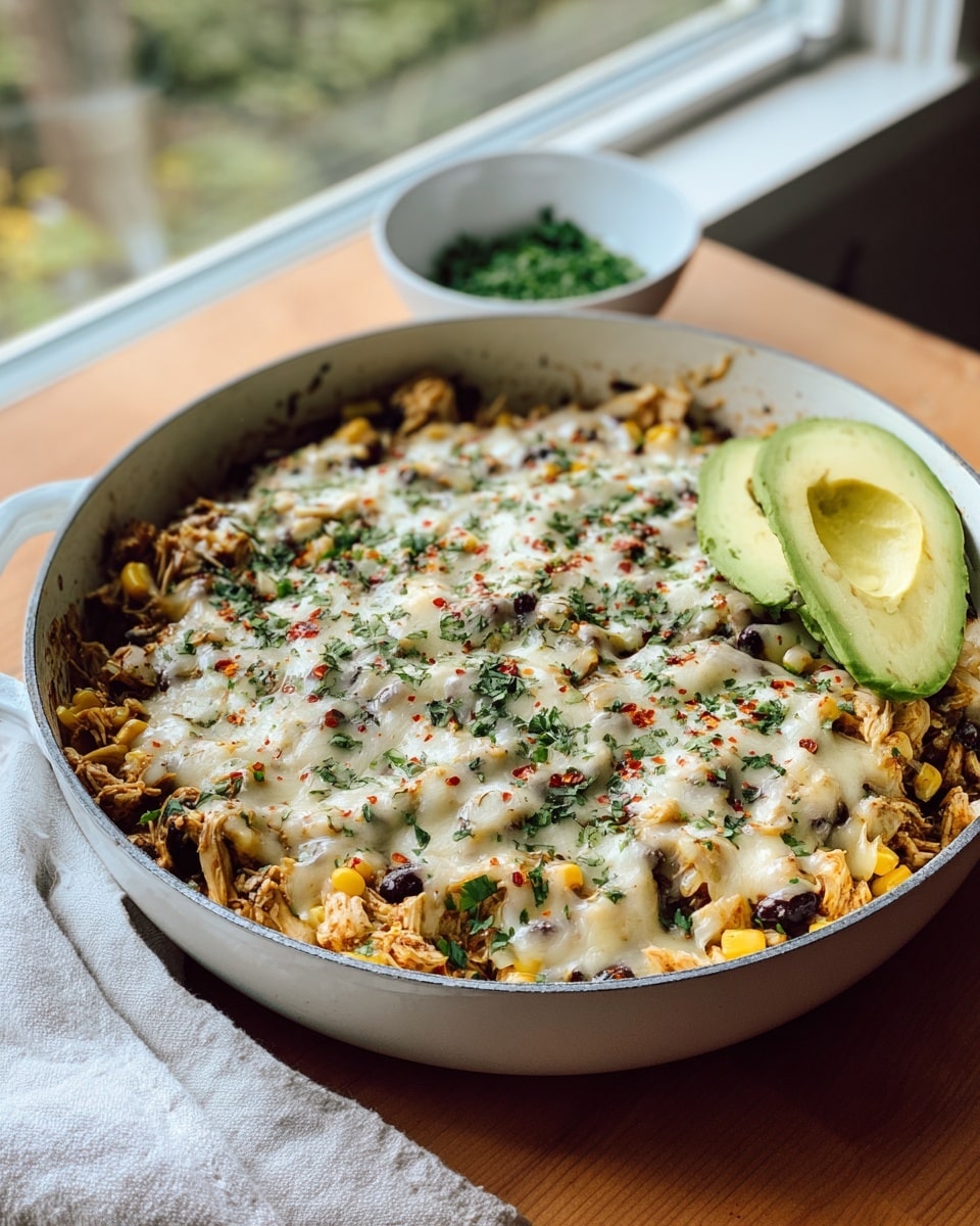 A large white pan filled with a layered dish featuring a bottom layer of shredded chicken mixed with yellow corn and black beans. On top is a melted creamy layer of white cheese evenly spread, sprinkled with chopped green cilantro and small red chili flakes. Two slices of fresh light green avocado are placed near the center on the surface. The pan rests on a light wooden table next to a small white bowl filled with more chopped herbs and a crumpled white cloth, all against a white marbled texture surface. photo taken with an iphone --ar 4:5 --v 7