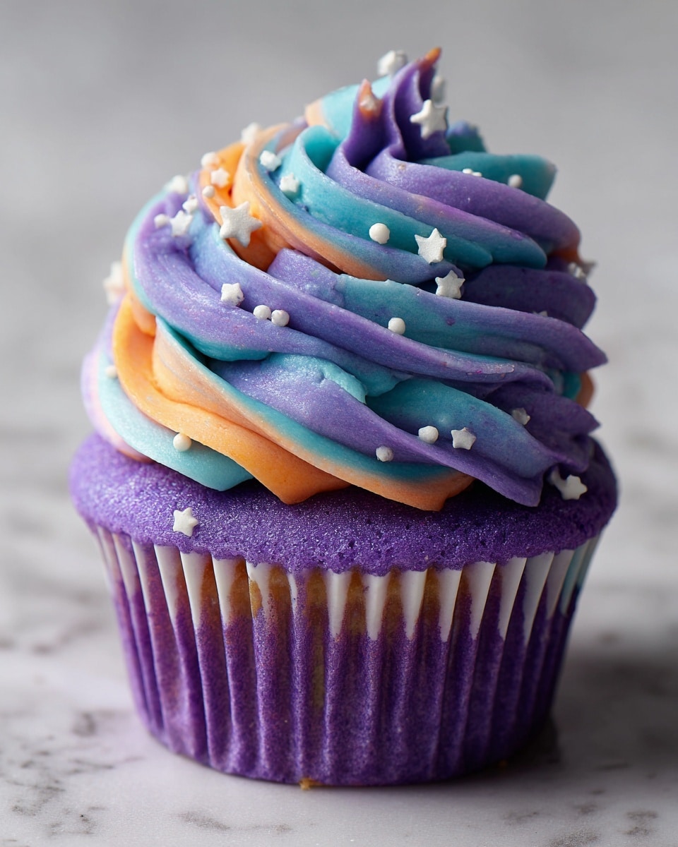 A close-up view of a single cupcake with two main layers: the bottom layer is a purple sponge cake with a soft texture, housed in a purple cupcake liner that matches the cake's color. The top layer is a thick swirl of multicolored frosting in vibrant purple, blue, and hints of orange, creating a smooth, creamy texture with ridges from piping; the frosting is decorated with small white star-shaped sprinkles scattered across its surface. The cupcake sits against a white marbled texture background, adding a clean contrast. Photo taken with an iphone --ar 4:5 --v 7
