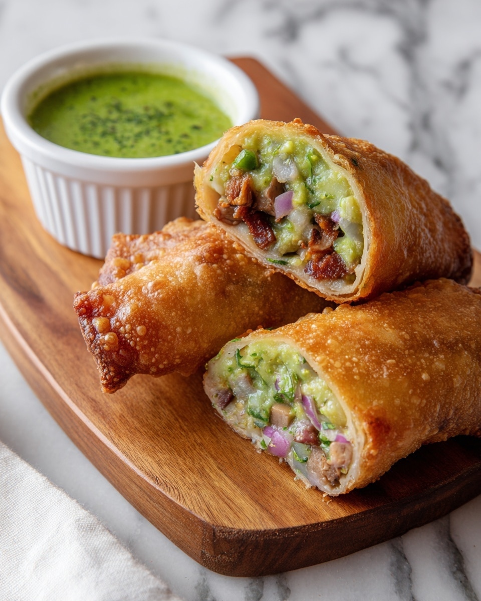 The image shows two halves of a golden-brown fried roll placed on a wooden board, revealing three main layers inside: a crispy, flaky outer crust with an even light brown color; a thick middle layer filled with chunks of bright green avocado mixed with pieces of red onion and small bits of brown meat; and some green herbs scattered throughout, adding texture and color. Behind the rolls is a small white ramekin filled with a vibrant green sauce, smooth with tiny bits of herbs. The wooden board sits on a white marbled surface, with a white cloth partially visible near the bottom left corner. photo taken with an iphone --ar 4:5 --v 7