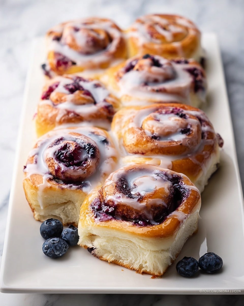 The image shows a white rectangular plate holding seven blueberry sweet rolls, arranged in two rows with four rolls in the back row and three in the front. Each roll has a golden-brown top layer with swirls of dark purple blueberry filling visible inside. A white icing glaze is drizzled unevenly over all the rolls, creating a shiny and creamy texture on top. The bottom layer of the rolls is soft and fluffy with a light cream color. Scattered around the plate are a few whole fresh blueberries, adding dark blue spots near the rolls. The plate rests on a white marbled surface. photo taken with an iphone --ar 4:5 --v 7