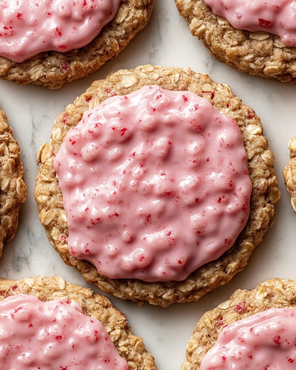 The image shows several round oat cookies, each topped with a thick layer of pink glaze that has small bits of red fruit mixed in. The cookies are golden brown, with visible oats embedded in the dough, and the pink glaze sits unevenly on top, giving a textured look with shiny and slightly lumpy areas. The cookies are closely placed on a white marbled surface, filling the frame with a cozy, fresh-baked feel. photo taken with an iphone --ar 4:5 --v 7