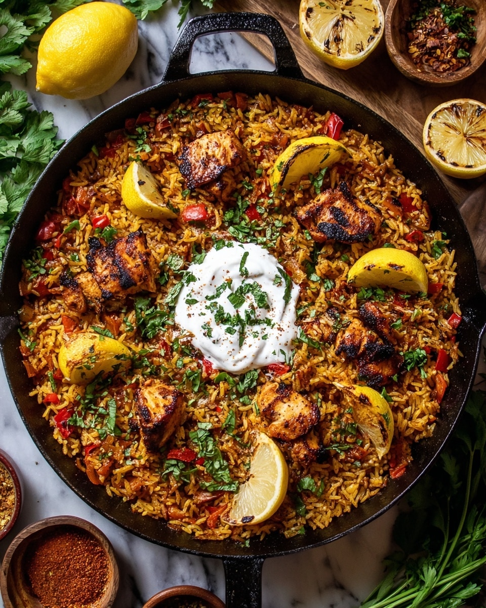 A large black cast iron pan sits on a white marbled surface filled with a bright golden-brown rice dish mixed with small red pepper pieces and scattered chopped green herbs throughout. On top, there are several grilled, slightly charred, browned chicken chunks spread evenly around. Lemon wedges, yellow with a bit of grilled browning, are placed among the chicken pieces. In the center, a dollop of white creamy sauce sprinkled with fresh green herbs and a tiny bit of black pepper tops the rice. Around the pan, there are fresh green herb bunches, two cut lemons with a grilled look, and small bowls with a red spice mix and extra white sauce. Photo taken with an iphone --ar 4:5 --v 7