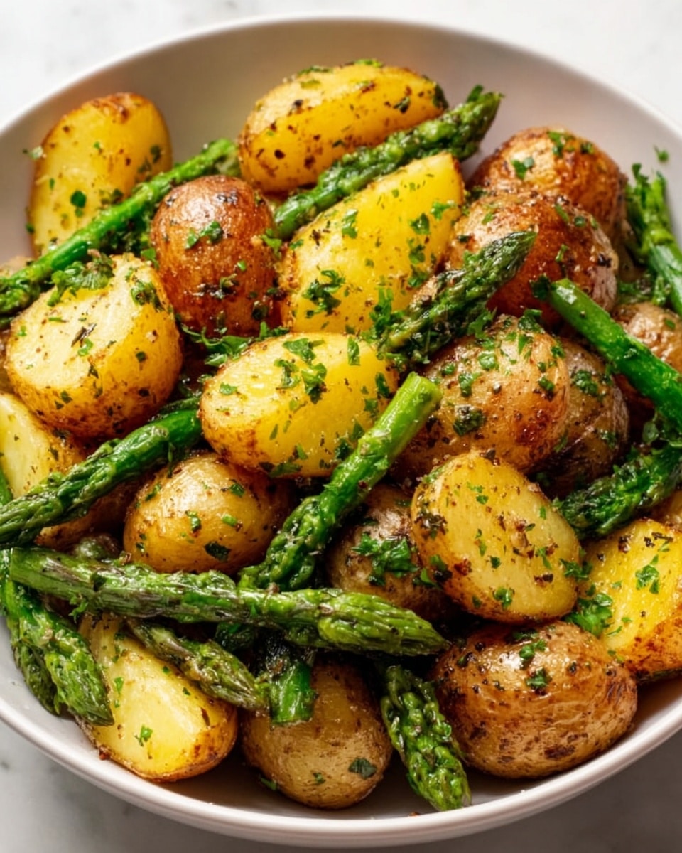 The image shows a white bowl filled with roasted baby potatoes and green asparagus. The bottom layer has golden-brown baby potatoes with a crispy skin and soft inside. On top, bright green asparagus spears are scattered, looking tender and slightly roasted. The dish is sprinkled with finely chopped fresh herbs, adding a green touch and a bit of texture. The white bowl sits on a white marbled surface. photo taken with an iphone --ar 4:5 --v 7