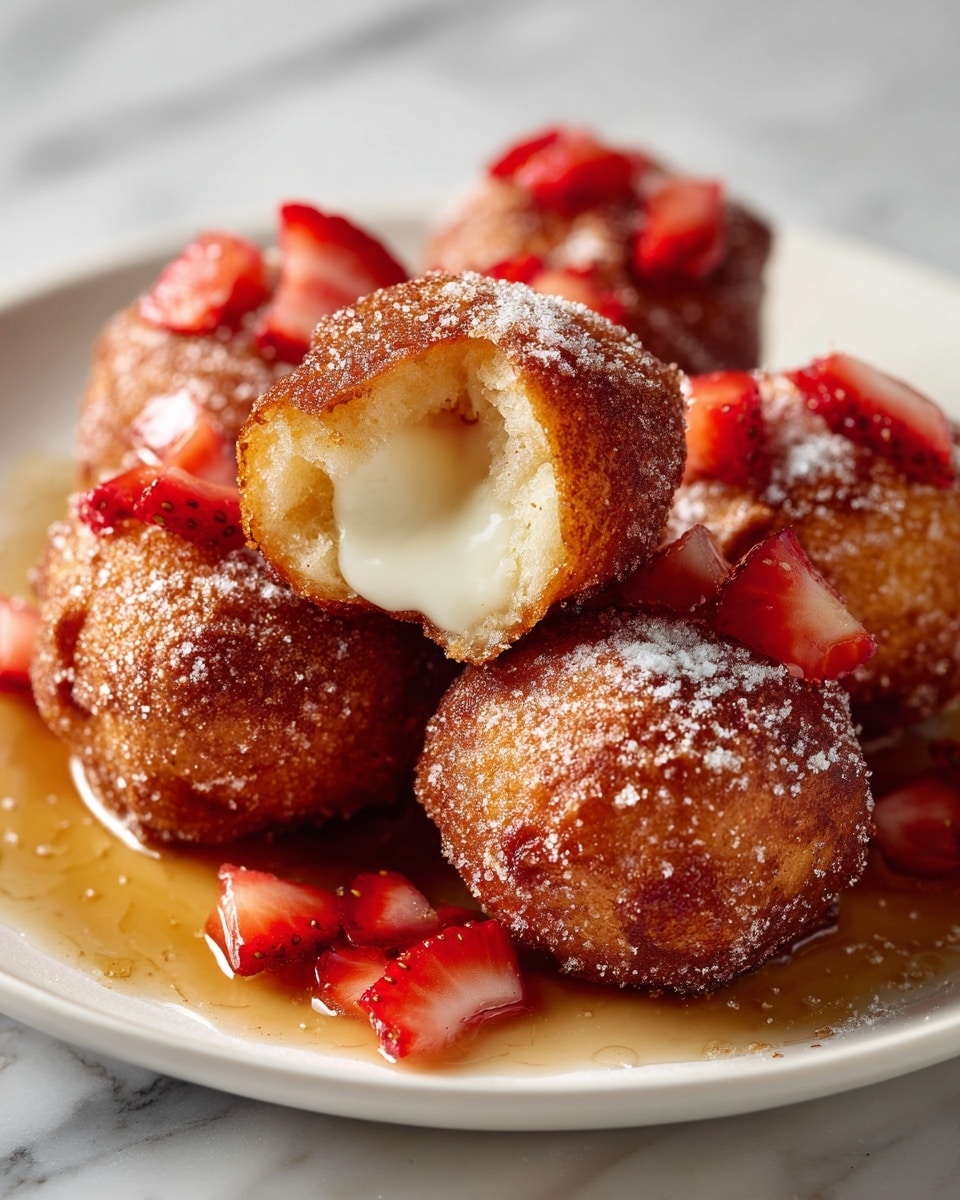 The image shows a close-up of five fried pastry rolls on a white plate, each coated with a crispy, golden-brown outside covered in cinnamon sugar. One pastry is broken open in the center, revealing a smooth, creamy yellow filling inside. On top of the pastries and scattered around are bright red, juicy strawberry pieces that add a fresh contrast. A light dusting of powdered sugar is sprinkled on some of the rolls, and a shiny glaze covers parts of the pastries, adding a glossy texture. The white plate sits on a white marbled surface. Photo taken with an iphone --ar 4:5 --v 7