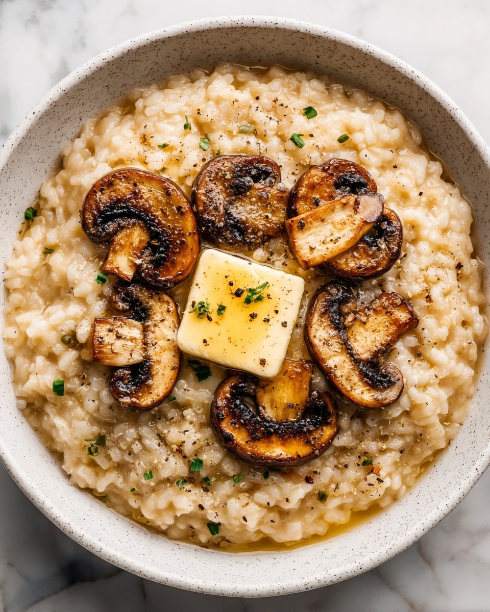 A bowl filled with creamy risotto that has a soft, slightly shiny texture in a pale beige color. On top, there are several golden-brown sautéed mushroom slices scattered around, each showing a mix of darker and lighter brown tones with a slightly glossy surface. In the center, a small square of pale yellow melting butter sits, sprinkled with tiny black pepper specks. There are also small green herb pieces scattered over the risotto and mushrooms. The bowl is white with a subtle grey speckled pattern and is set on a white marbled surface. Photo taken with an iphone --ar 4:5 --v 7