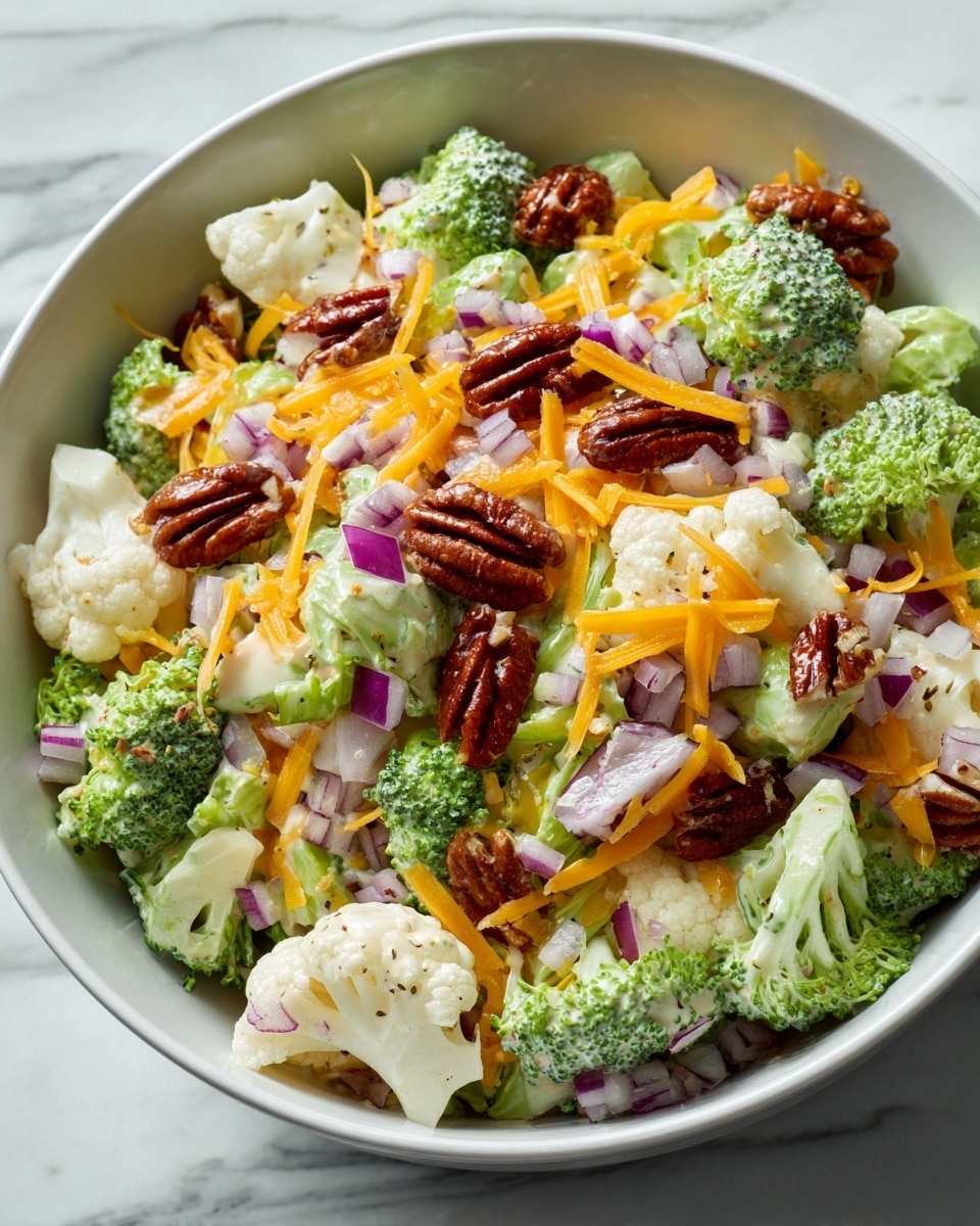 A white bowl filled with a fresh salad showing clear layers: the bottom layer has green broccoli florets and white cauliflower pieces with a slightly rough texture; scattered on top are chopped red onions adding small purple chunks; thin, bright orange strips of cheddar cheese are spread evenly throughout; deep brown pecans are placed on the top layer, adding a crunchy texture to the mix; a creamy, light dressing lightly coats the vegetables, making them glisten; the bowl sits on a white marbled textured surface. photo taken with an iphone --ar 4:5 --v 7