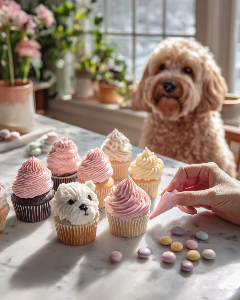 A group of nine small cupcakes is arranged on a white marbled surface, each cupcake topped with one of three frosting styles: smooth pink swirl, smooth white swirl with a hint of pink, and white animal face frosting with dark eyes and nose details. The cupcakes sit in a close cluster, with the frosting showing soft, creamy textures. Near the cupcakes, colorful round candy pieces are scattered on the surface. Woman's hand is seen decorating one cupcake with pink frosting from a piping bag. To the right, a fluffy light brown dog sits at the table, looking at the cupcakes with curiosity. The soft background contains kitchen elements and plants with sunlight coming through the window. Photo taken with an iphone --ar 4:5 --v 7