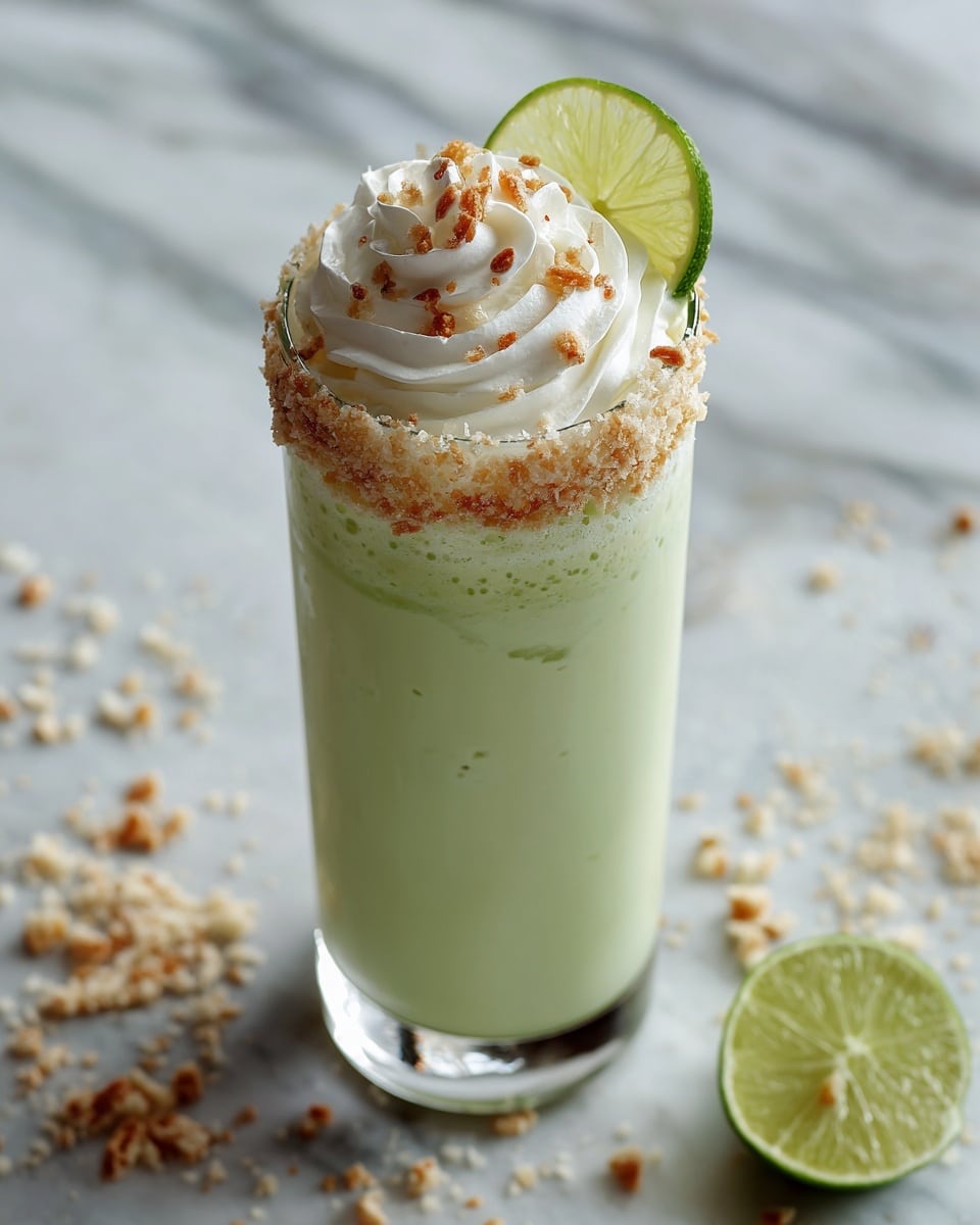 A tall clear glass filled with a smooth light green drink, topped with a thick swirl of white whipped cream. Around the rim of the glass is a crumbly light brown coating, and the whipped cream is sprinkled with toasted light brown flakes. A thin slice of green lime is placed on the edge of the whipped cream. The glass sits on a white marbled surface with a soft scattered sprinkle of crumbs around. Photo taken with an iphone --ar 4:5 --v 7