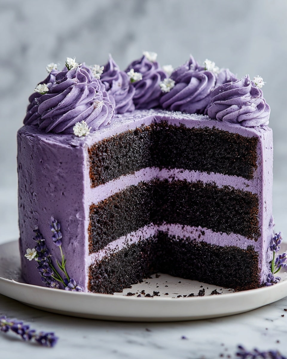 A three-layer round cake with deep purple sponge layers, separated by two lighter purple cream layers. The outside is smoothly covered in lavender purple frosting, with piped swirls of the same color on top near the edge. Small white flowers are delicately placed among the swirls. A slice is cut out, showing the even layers inside. The cake sits on a white plate with a thin golden rim, placed on a white marbled surface. Photo taken with an iphone --ar 4:5 --v 7