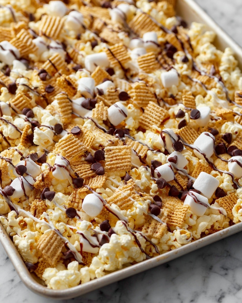 The image shows a close-up of a snack mix on a baking tray placed on a white marbled surface. The mix has several layers: the base layer is light yellow popcorn with a fluffy and uneven texture, scattered all over. On top are small white marshmallows with a soft, smooth texture. There are also light brown, square-shaped cereal pieces with a ridged surface evenly spread throughout. The snack is drizzled with white and dark chocolate, creating thin, shiny lines and patches over the mix, adding contrast and richness. Small dark chocolate chips are scattered over the entire snack, adding small dark spots that stand out against the lighter elements. Photo taken with an iphone --ar 4:5 --v 7