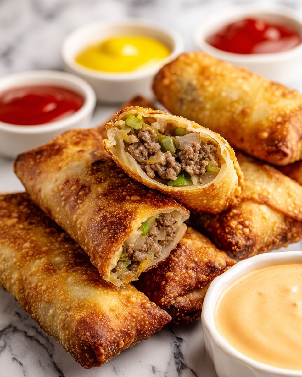 The image shows several golden brown egg rolls with a crunchy, bubbly texture on their fried surface, stacked together with two of them cut in half displaying a fill of ground meat, small diced onions, and pieces of green pepper inside. In the foreground, there is a white bowl filled with a light orange creamy dipping sauce, and behind the egg rolls, there are small white bowls containing yellow mustard and red ketchup sauces. The food is placed on a white marbled textured surface. photo taken with an iphone --ar 4:5 --v 7