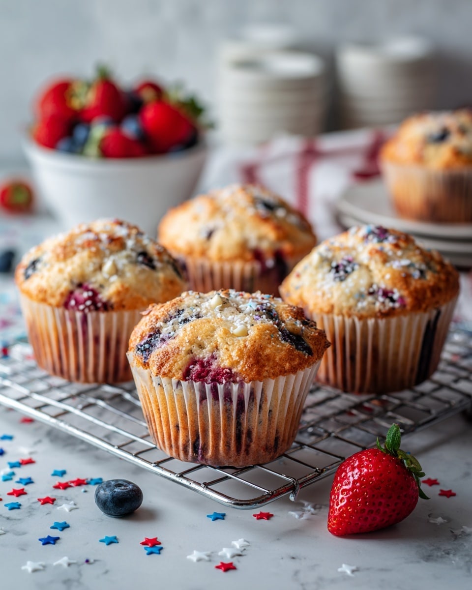 Five muffins sit on a silver cooling rack over a white marbled surface, each muffin wrapped in light brown paper liners. The muffins have a golden brown top mixed with visible pieces of white chocolate, dark blueberries, and red raspberries creating spots of red, white, and dark purple across the surface. Around the rack, there are scattered small blue, red, and white star-shaped and rod-shaped sprinkles. In the background, a white bowl filled with strawberries and other mixed berries is slightly out of focus, as well as a strawberry lying near the bowl. A fresh strawberry and two blueberries rest on the white marbled surface in the foreground. The background includes a blurred white kitchen countertop and cabinets. Photo taken with an iphone --ar 4:5 --v 7
