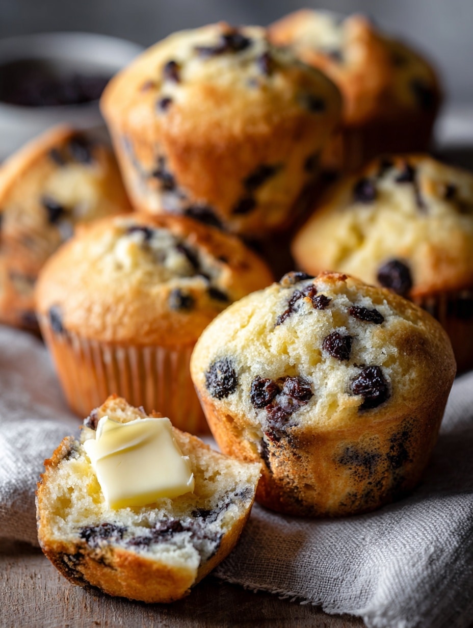 The image shows several golden brown muffins with a rough texture studded with small dark chocolate chips throughout. One muffin in the center is split open, showing the inside filled with chocolate chips and a moist crumb. A smaller piece of the muffin with melted butter on top sits in front, resting on the white paper cupcake liner that peels away from the muffin. The muffins are arranged casually on a white marbled surface with a soft cloth under some of them for texture. The natural light highlights the warm colors and soft crumb of the muffins. Photo taken with an iphone --ar 4:5 --v 7