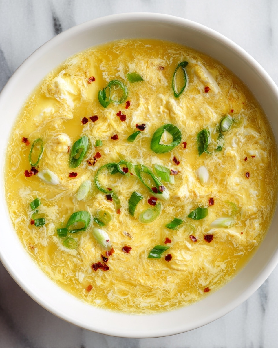 A bowl of egg drop soup is shown from above, filled with a warm golden broth mixed with wispy, white egg ribbons that swirl through the soup. Small green slices of fresh scallion float on top, adding bright green spots, along with a light sprinkle of red chili flakes across the surface. The white bowl contrasts softly with the rich colors of the soup and rests on a white marbled textured surface. photo taken with an iphone --ar 4:5 --v 7