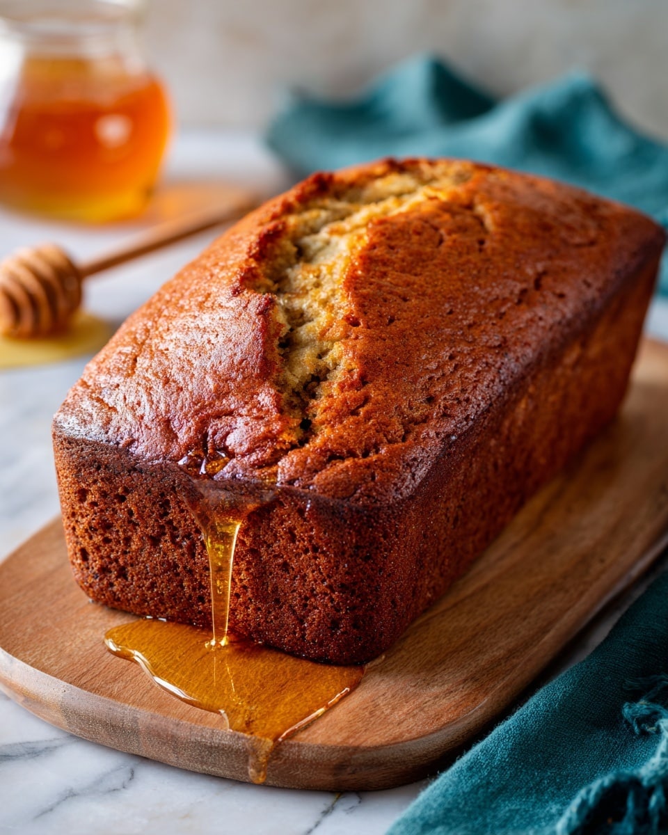 A single loaf of golden-brown banana bread with a shiny, slightly cracked crust sits on a wooden cutting board. The texture looks moist and dense, with a darker brown edge and a lighter, creamy tan top where the cracks reveal soft bread inside. Honey is dripping slowly from the front of the loaf onto the board, adding a glossy, sticky detail. In the background, a glass of amber honey and a honey dipper with honey wrap around the lower left corner, placed on a white marbled surface. A teal cloth partly covers the bottom right. The scene is warm and inviting, focused closely on the bread's rich texture and the honey's shimmer. Photo taken with an iphone --ar 4:5 --v 7