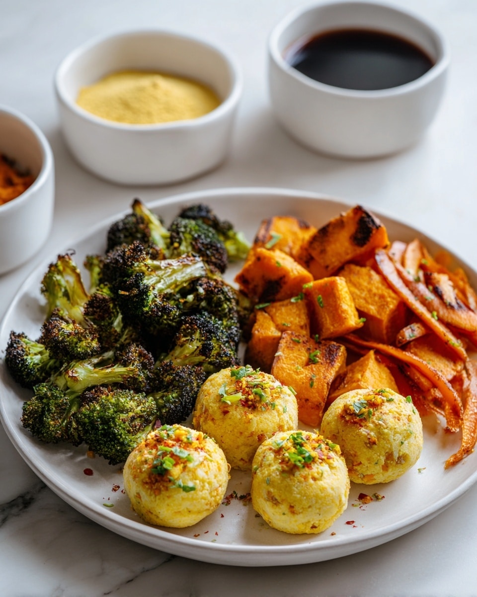A white plate holds five round, light yellow balls with small orange and green bits and a rough, soft texture, placed near the top right. On the left side, there are small roasted sweet potato cubes in bright orange mixed with roasted broccoli florets in dark and light green. At the bottom right, curled thin ribbons of pale orange and nearly white vegetables form a loose pile with a smooth, slightly shiny texture. The plate is on a white marbled surface, with part of a white bowl filled with dark brown liquid and another white bowl with pale yellow powder and some orange powder visible near the top edges of the image. Photo taken with an iphone --ar 4:5 --v 7