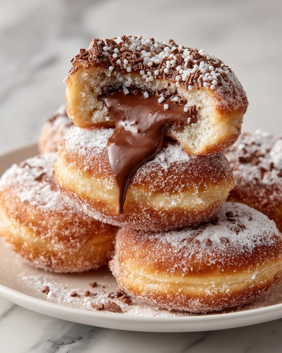 A white plate holds a stack of four round doughnuts with a golden-brown fried outer layer dusted with fine white powdered sugar. The top doughnut is cut open, showing a thick, glossy dark chocolate filling slowly dripping out from the center. The top surface of the cut doughnut is sprinkled with small white and brown chocolate bits, adding texture to the smooth chocolate. The doughnuts sit on a white marbled surface, enhancing their warm tones. Photo taken with an iphone --ar 4:5 --v 7
