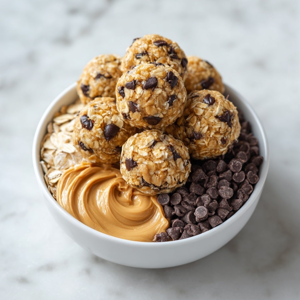 A white bowl is filled with a mix of three main ingredients: a bottom layer of dry light beige rolled oats, topped on the left side with creamy light brown peanut butter swirled smoothly, with some golden honey pooling around it, and on the right side, a pile of small, dark brown chocolate chips. Above this, another white plate stacked in a pyramid shape with round no-bake protein balls is shown. Each ball has a rough texture from oats and is studded with dark brown chocolate chips, giving a contrast of light golden brown and dark chocolate colors. The background is a white marbled texture. Photo taken with an iphone --ar 4:5 --v 7
