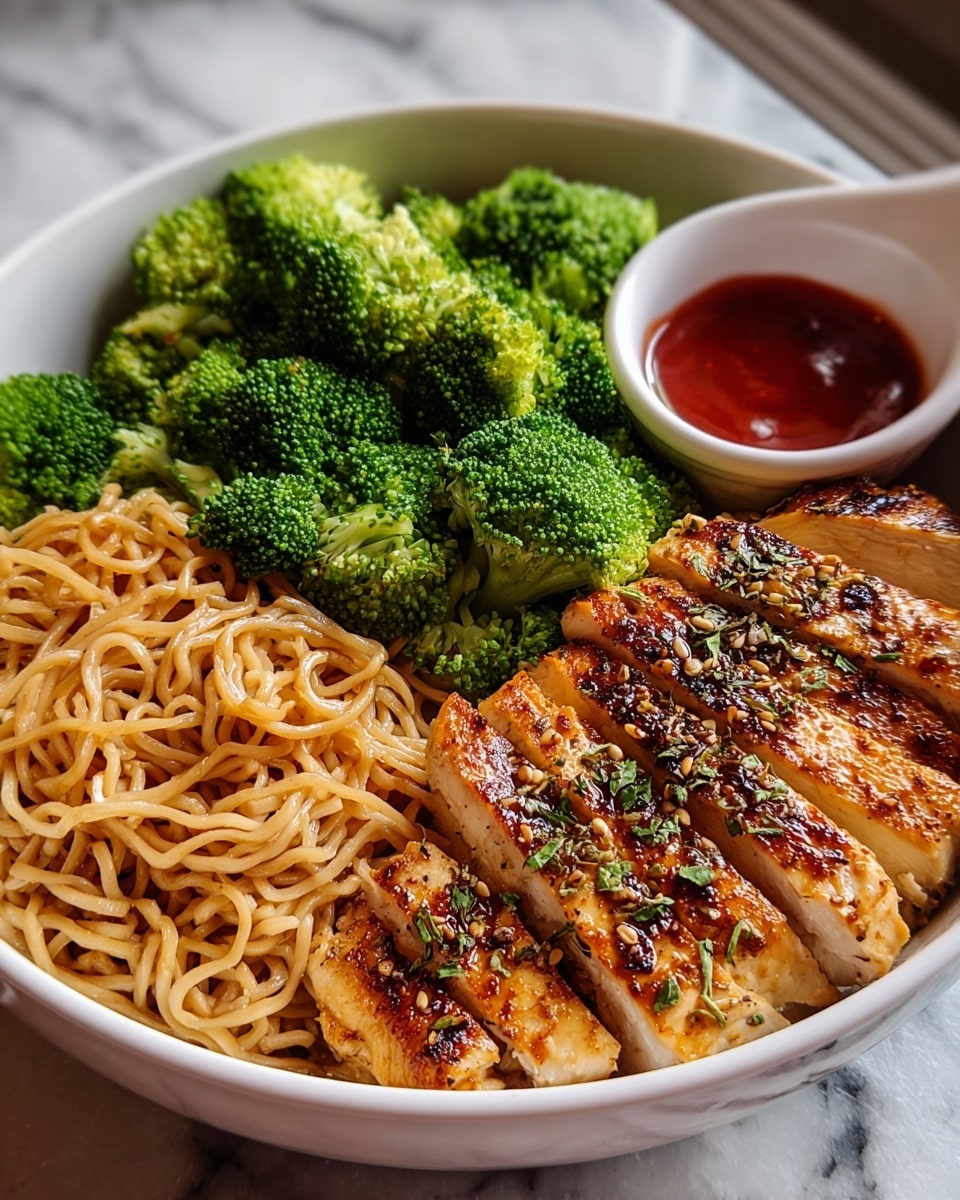 A white bowl filled with three main layers: on the left side, a pile of light brown stir-fried noodles with a slightly glossy texture; in the middle top, a heap of bright green steamed broccoli florets with a fresh, soft look; on the right side, sliced grilled chicken breast with a golden brown, slightly charred outside showing grilled marks and sprinkled with sesame seeds and herbs; behind the broccoli, there is a small white cup filled with red dipping sauce placed inside the bowl. The bowl is set on a white marbled surface. photo taken with an iphone --ar 4:5 --v 7