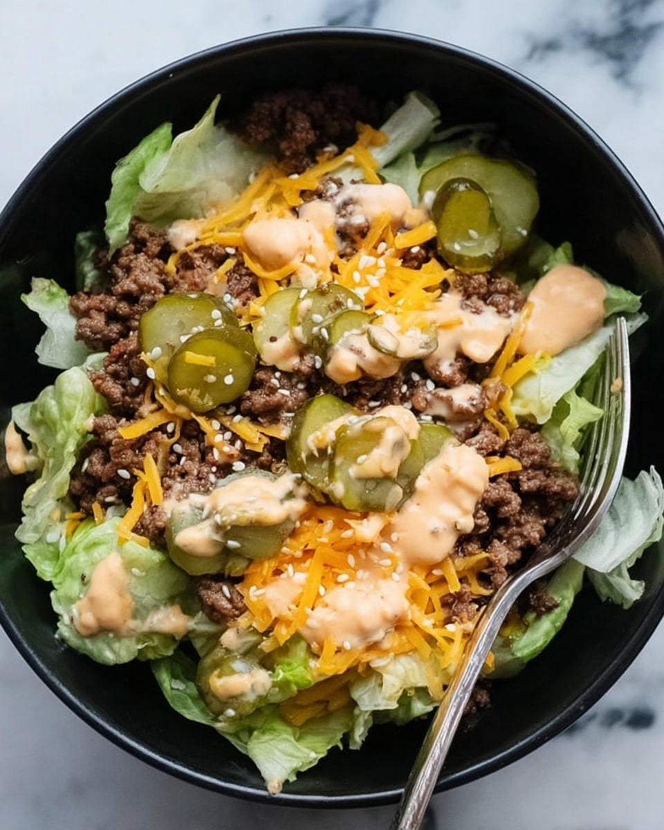A black bowl holds a fresh salad with several layers: at the bottom, there are light green leafy lettuce pieces covering the bowl base; on top, dark brown cooked ground meat is spread unevenly; bright orange shredded cheddar cheese is sprinkled over the meat; green pickle slices are scattered across the salad; the whole dish is drizzled with a creamy pale orange dressing, and small white sesame seeds are sprinkled on top. A silver fork rests on the right side inside the bowl, and the background is a white marbled surface. photo taken with an iphone --ar 4:5 --v 7