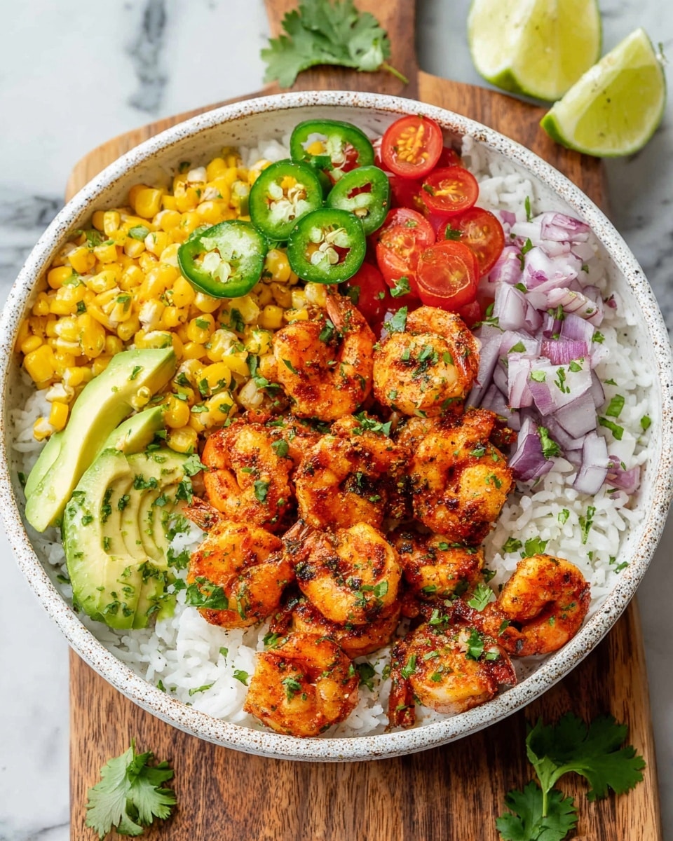 A white speckled bowl filled with a base layer of white rice topped with a mix of bright yellow grilled corn and small pieces of red onion on one side. Next to it are fresh slices of green jalapeño peppers and red cherry tomatoes cut in halves. On the other side, there are slices of light green avocado and a wedge of lime. The centerpiece is a pile of orange-red cooked shrimp seasoned with herbs, scattered with chopped green cilantro leaves. The bowl sits on a wooden board with a white marbled surface underneath, and a lime wedge is visible in the background. Photo taken with an iphone --ar 4:5 --v 7
