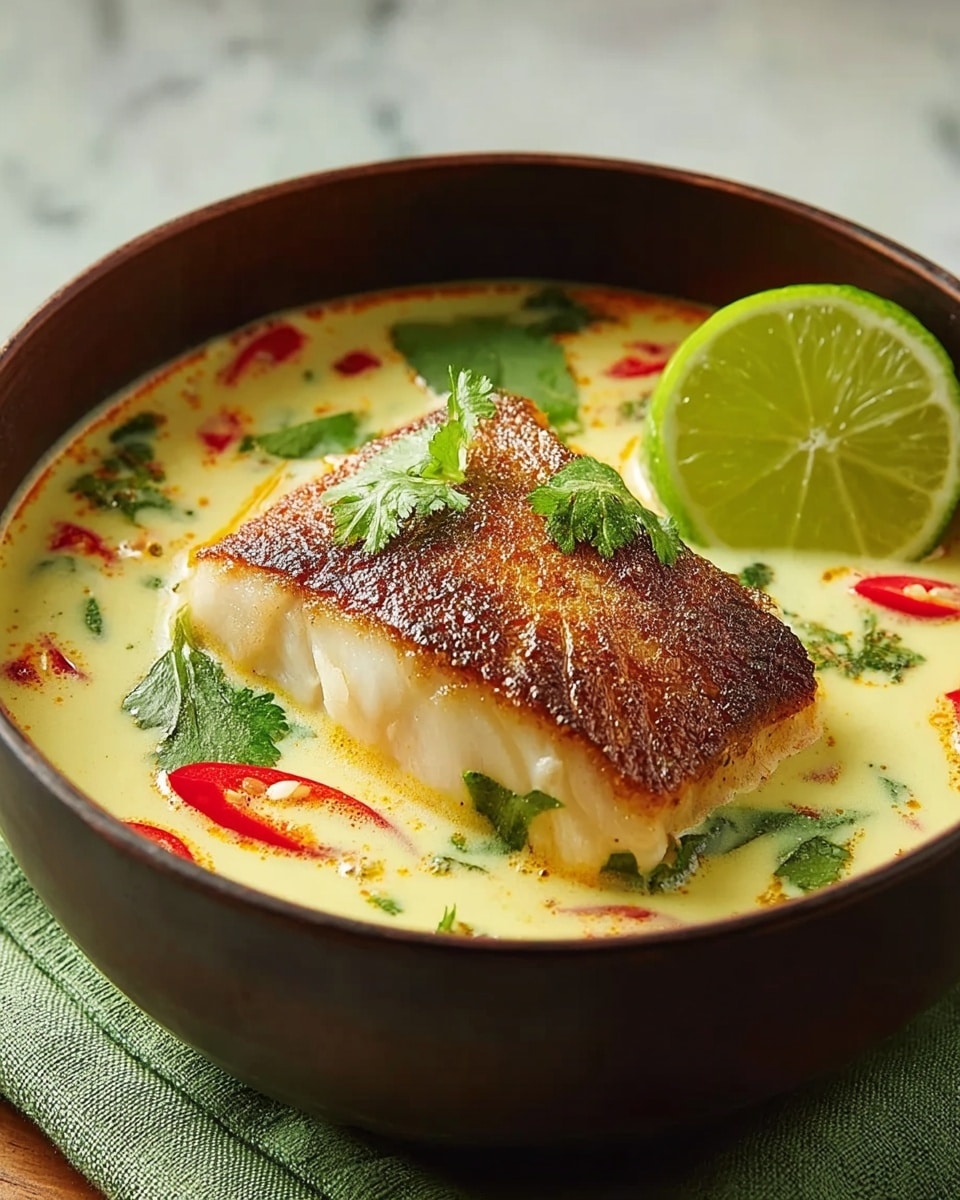 A dark brown bowl holds a creamy, light yellow soup with visible small red chili slices and green herb leaves floating throughout. In the center sits a thick, golden-brown grilled piece of fish with a slightly crispy texture. A fresh green lime wedge rests on the right edge inside the bowl. The bowl is placed on a soft green cloth over a white marbled textured surface. photo taken with an iphone --ar 4:5 --v 7