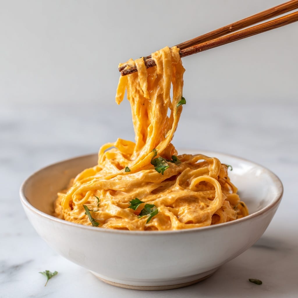 The image shows a close-up of thick noodles coated in a creamy, orange sauce, piled high in a round white bowl. The noodles have a glossy texture and are tangled together with some visible green herbs around the edges. A pair of dark brown chopsticks is lifting a portion of noodles above the bowl, showing the sauce clinging to them. The background has a white marbled texture. photo taken with an iphone --ar 4:5 --v 7