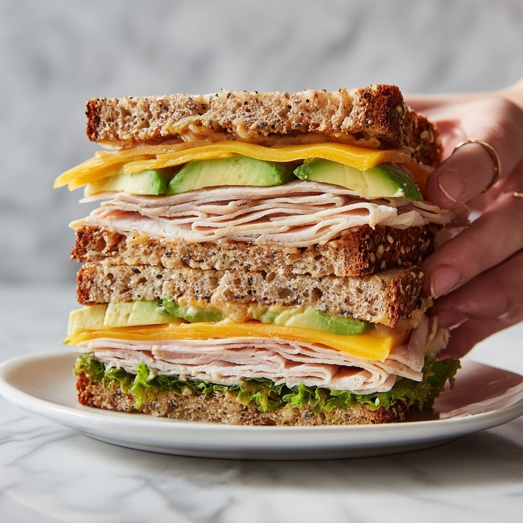 The image shows a tall sandwich with many layers on a white plate, placed on a white marbled surface. The bottom layer is green leafy lettuce, topped with thick slices of light pink turkey. Above the turkey are slices of avocado in a soft green color, then a melted yellow cheese layer. More turkey slices follow, and the sandwich is topped with a slice of brown whole grain bread sprinkled with seeds. A woman's hand is holding the sandwich from the side. photo taken with an iphone --ar 4:5 --v 7