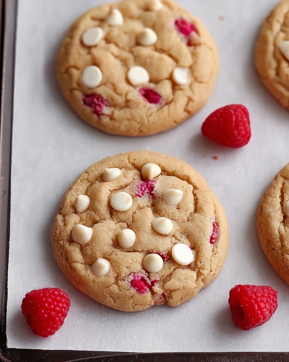 The image shows three round cookies on white baking paper placed on a dark baking tray, each cookie lightly cracked on the surface with a golden-brown color. Each cookie has several white chocolate chips embedded on top, with visible red raspberry pieces peeking through the dough, creating small bursts of bright red among the light tan cookie surface. Around the cookies, three fresh red raspberries add a fresh pop of color against the white marbled background, enhancing the visual appeal. photo taken with an iphone --ar 4:5 --v 7