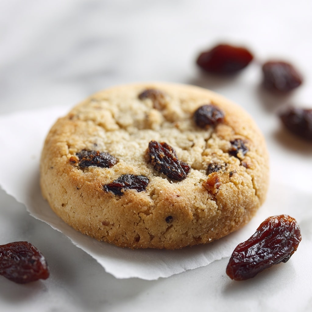 A close-up image of a single round cookie placed on white parchment paper, with a few dark raisins visible inside the cookie. The cookie has a light golden color with a slightly cracked texture on top and a sugar-coated surface giving it a subtle sparkle. Two more cookies are partially seen at the bottom edge. A couple of loose dark raisins are scattered near the top right of the cookie. The background is a white marbled texture. Photo taken with an iphone --ar 4:5 --v 7